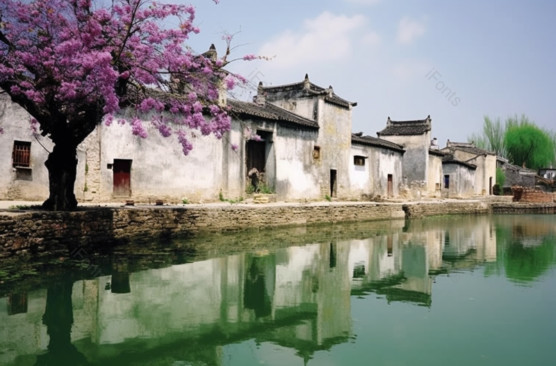 池塘边古老的房屋建筑风景,高清,摄影图,摄影图片,图片大全,摄影图免费下载